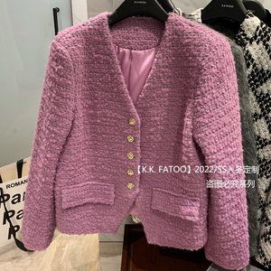V-neck single-breasted tweed purple jacket